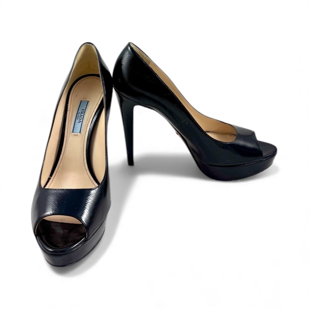 PRADA Vernice Saffiano leather peep toe platform pumps black size 39.5 - Picture 4 of 16